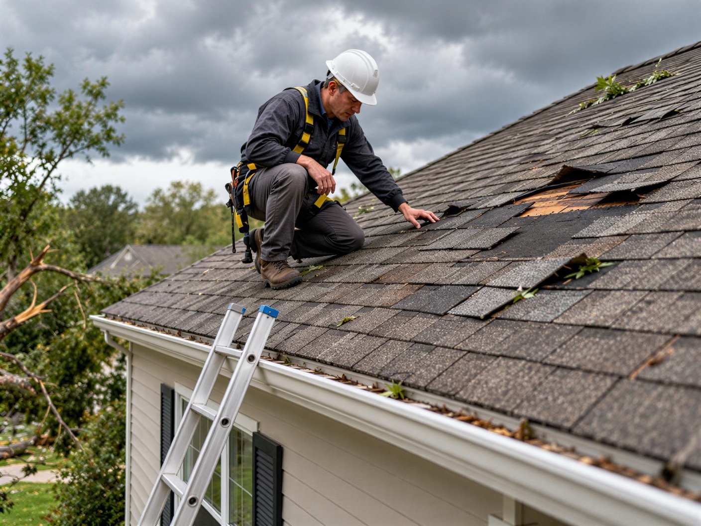 Roofer inspecting storm-damaged shingles